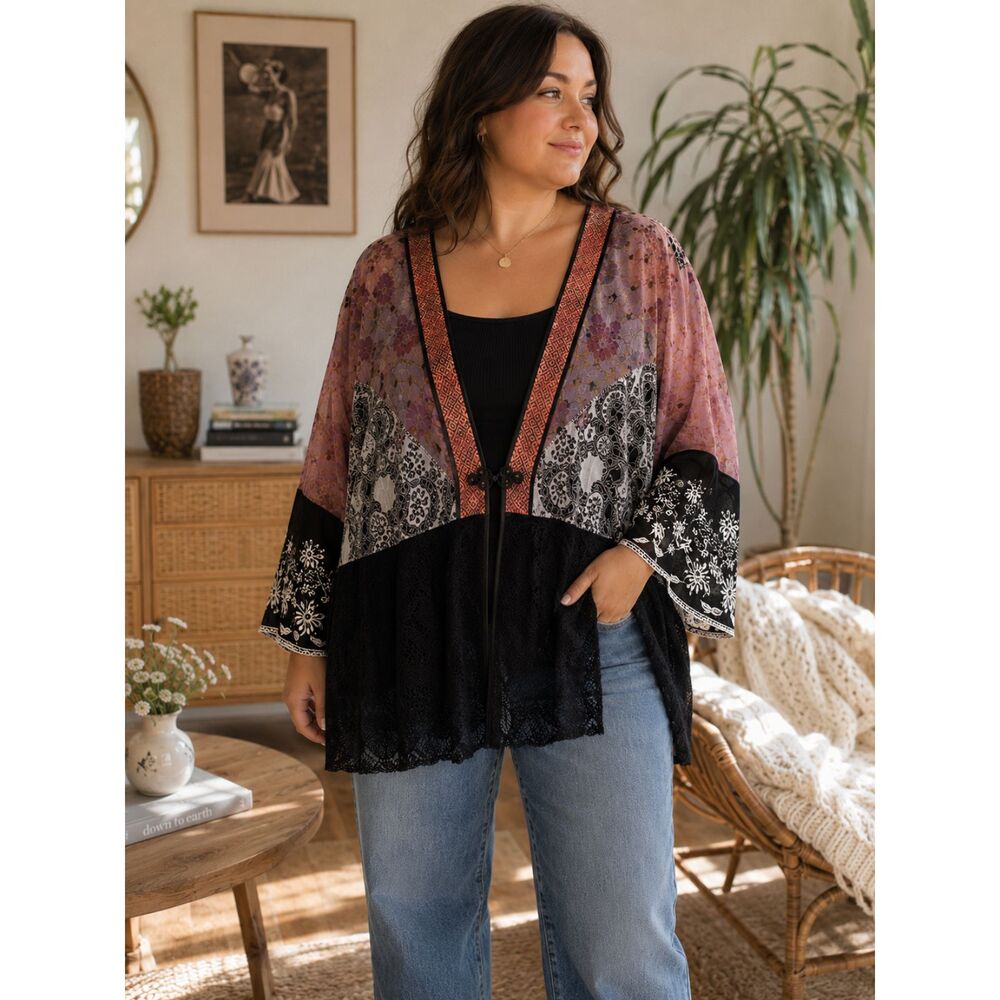 Vintage Spencer Alexis size 2X Kimono Mixed Media Silk Top Cardigan Bell Sleeve